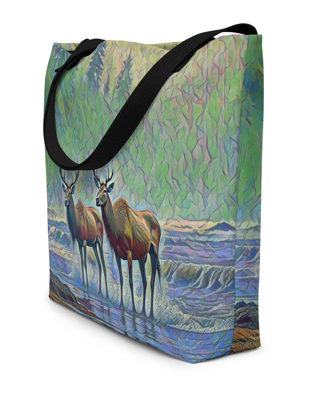 Two Elk on the Beach - Oregon - Digital Art - Large 16x20 Tote Bag W/Pocket