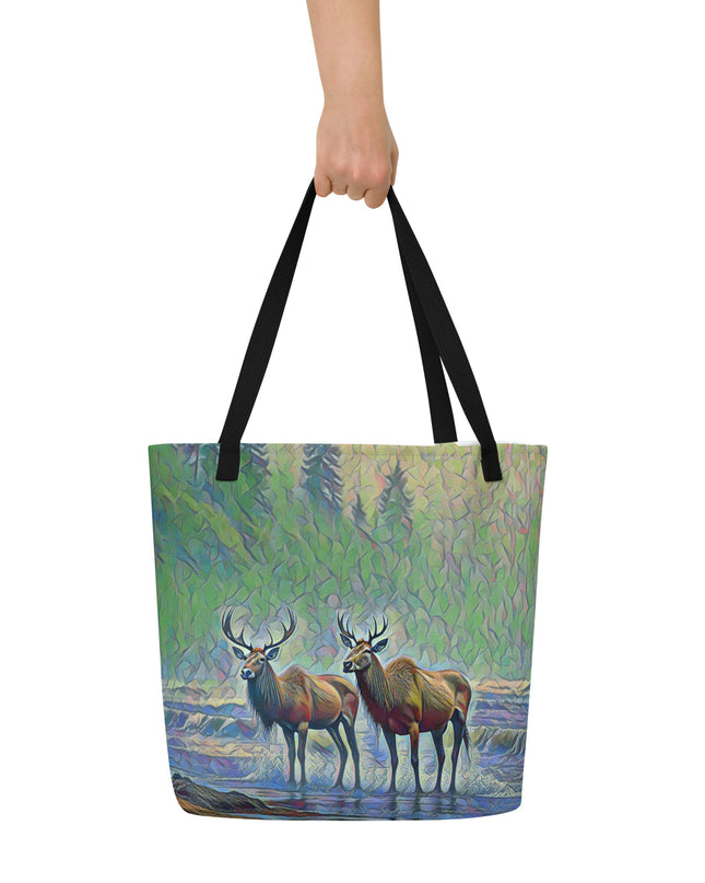 Two Elk on the Beach - Oregon - Digital Art - Large 16x20 Tote Bag W/Pocket