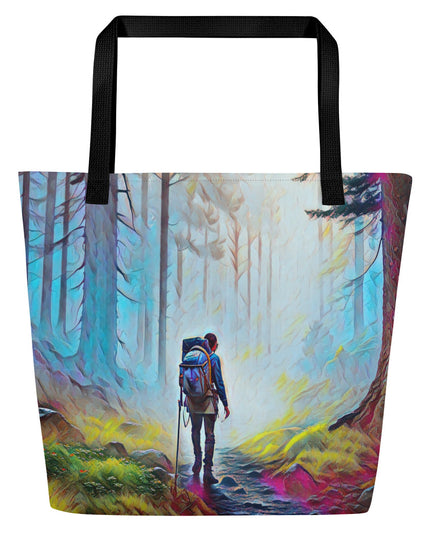 Hiking the Oregon Woods - Digital Art - Large 16x20 Tote Bag W/Pocket