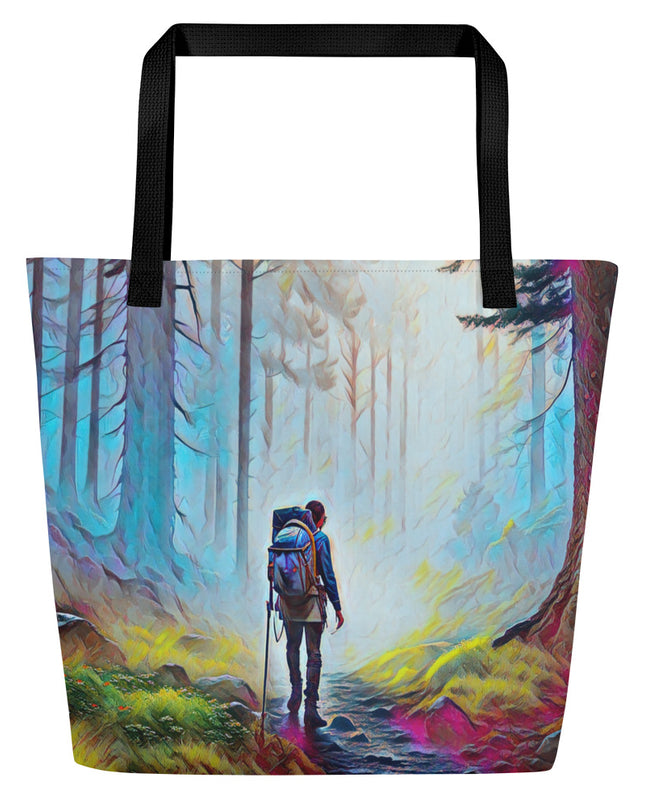 Hiking the Oregon Woods - Digital Art - Large 16x20 Tote Bag W/Pocket