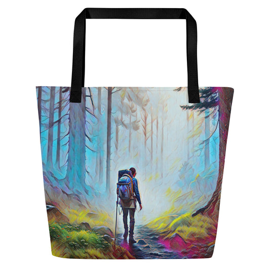 Hiking the Oregon Woods - Digital Art - Large 16x20 Tote Bag W/Pocket