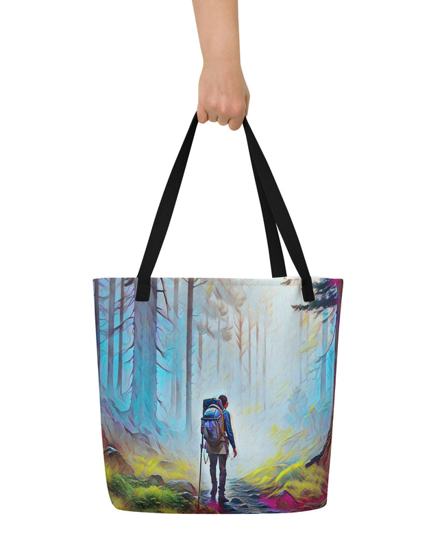Hiking the Oregon Woods - Digital Art - Large 16x20 Tote Bag W/Pocket