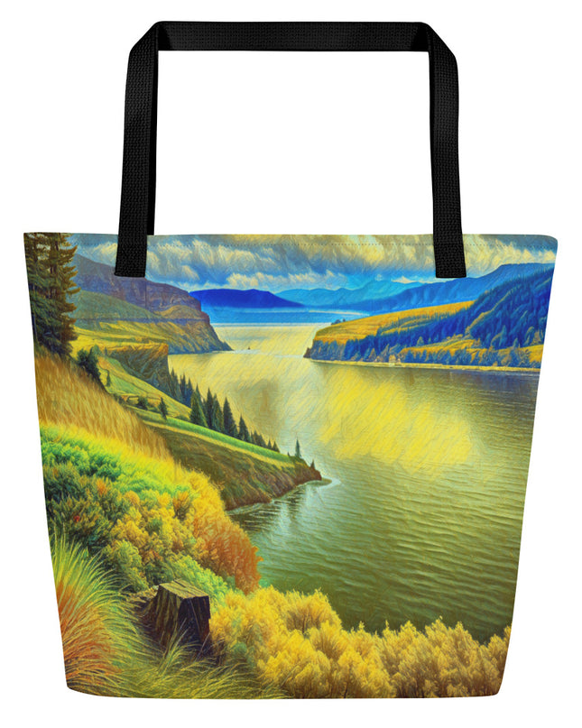 Columbia River Gorge - Digital Art - Large 16x20 Tote Bag W/Pocket