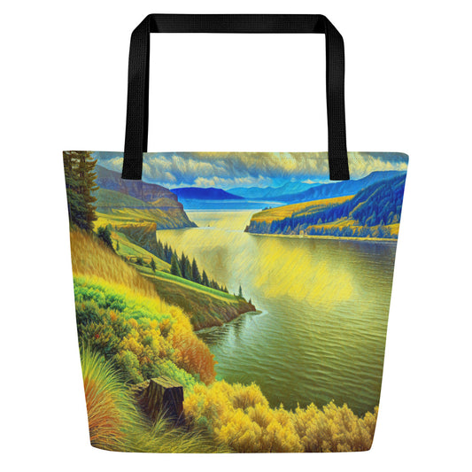 Columbia River Gorge - Digital Art - Large 16x20 Tote Bag W/Pocket