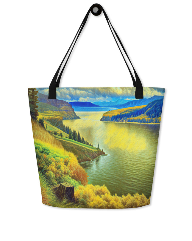 Columbia River Gorge - Digital Art - Large 16x20 Tote Bag W/Pocket