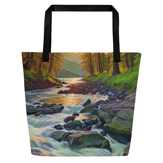 Oregon Stream - Digital Art - Large 16x20 Tote Bag W/Pocket $34.95