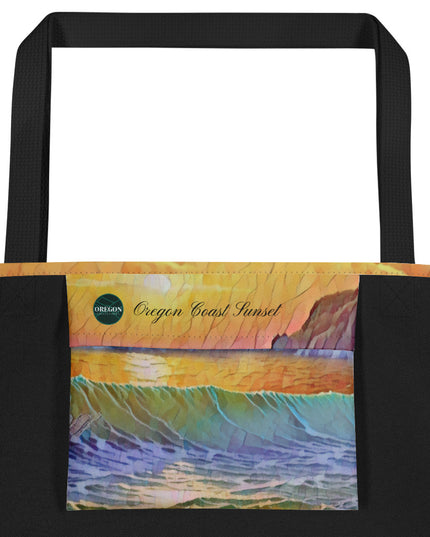 Oregon Coast Sunset - Digital Art - Large 16x20 Tote Bag W/Pocket