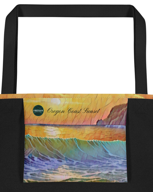 Oregon Coast Sunset - Digital Art - Large 16x20 Tote Bag W/Pocket
