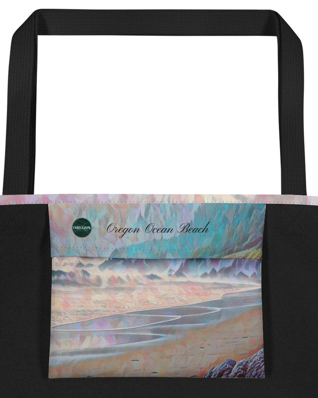 Oregon Ocean Beach - Digital Art - Large 16x20 Tote Bag W/Pocket