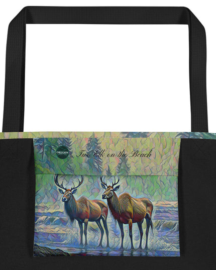 Two Elk on the Beach - Oregon - Digital Art - Large 16x20 Tote Bag W/Pocket