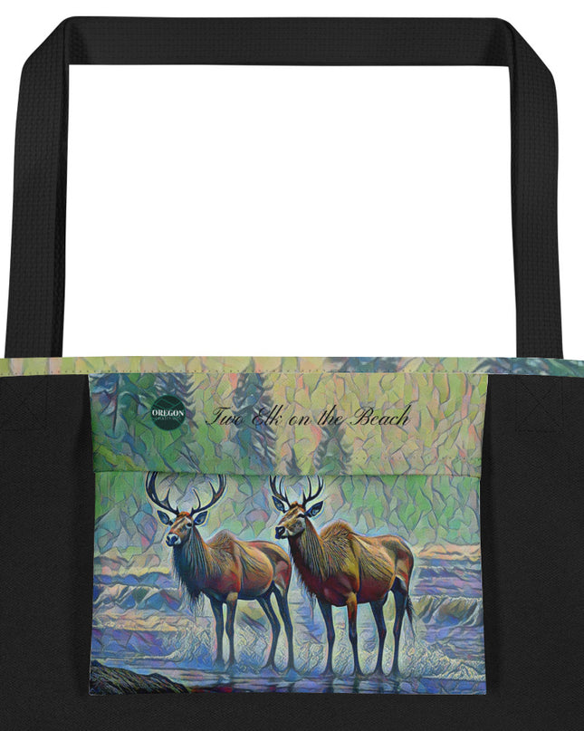 Two Elk on the Beach - Oregon - Digital Art - Large 16x20 Tote Bag W/Pocket