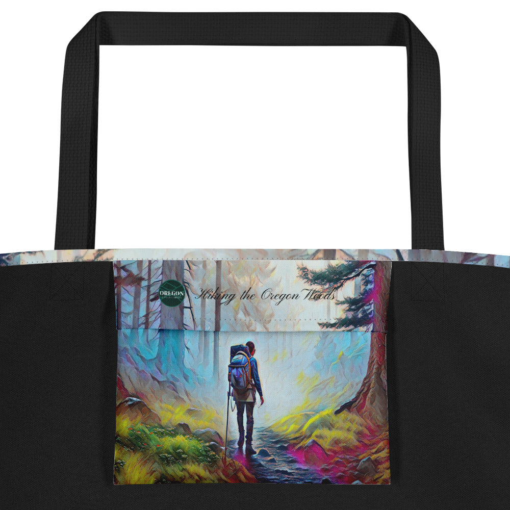 Hiking the Oregon Woods - Digital Art - Large 16x20 Tote Bag W/Pocket