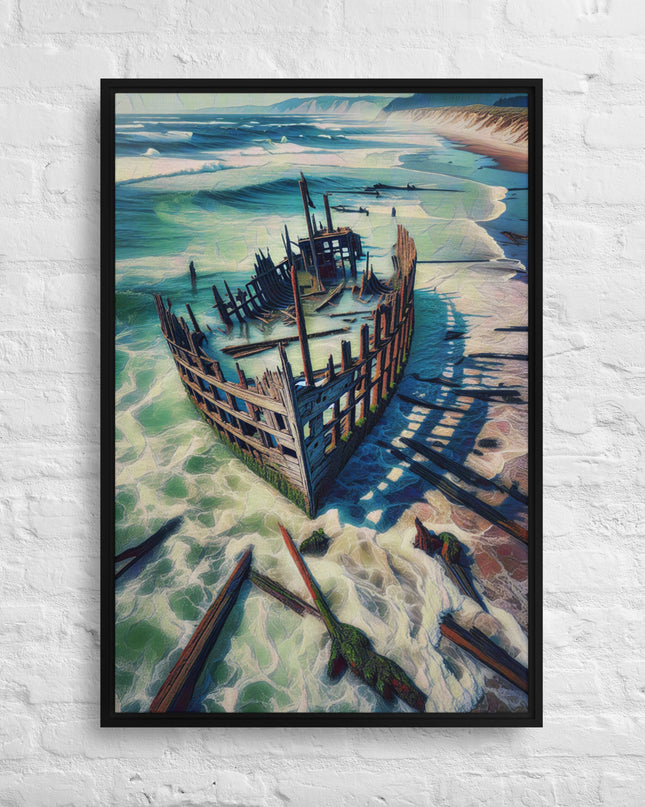 Ship Wreck on the Oregon Coast - Digital Art - Framed canvas - FREE SHIPPING