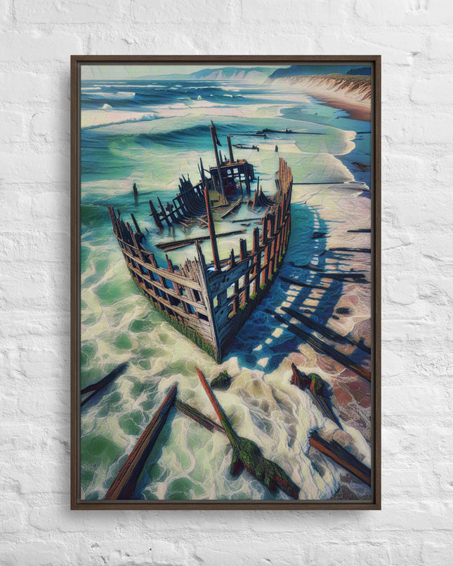 Ship Wreck on the Oregon Coast - Digital Art - Framed canvas - FREE SHIPPING