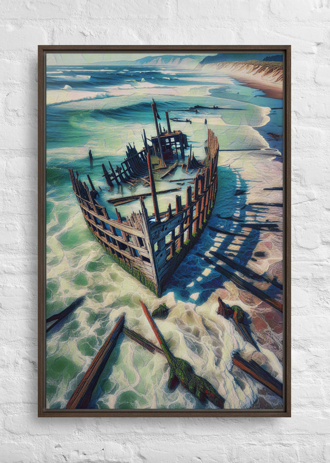 Ship Wreck on the Oregon Coast - Digital Art - Framed canvas - FREE SHIPPING