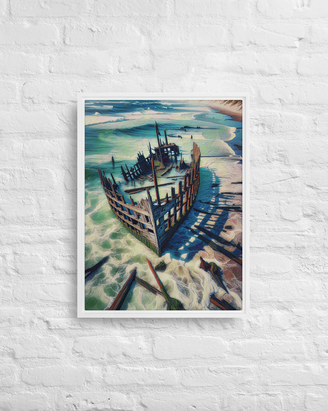 Ship Wreck on the Oregon Coast - Digital Art - Framed canvas - FREE SHIPPING