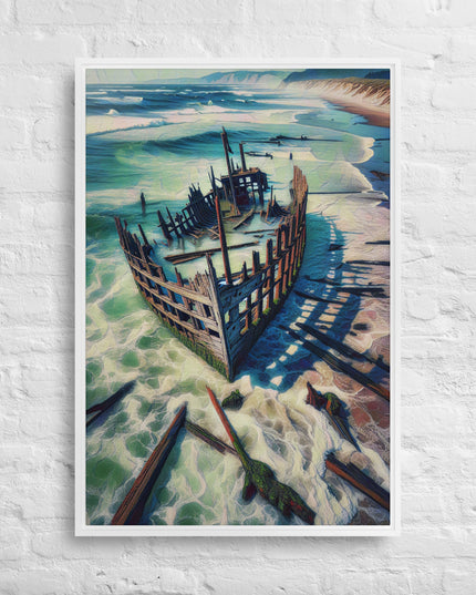 Ship Wreck on the Oregon Coast - Digital Art - Framed canvas - FREE SHIPPING