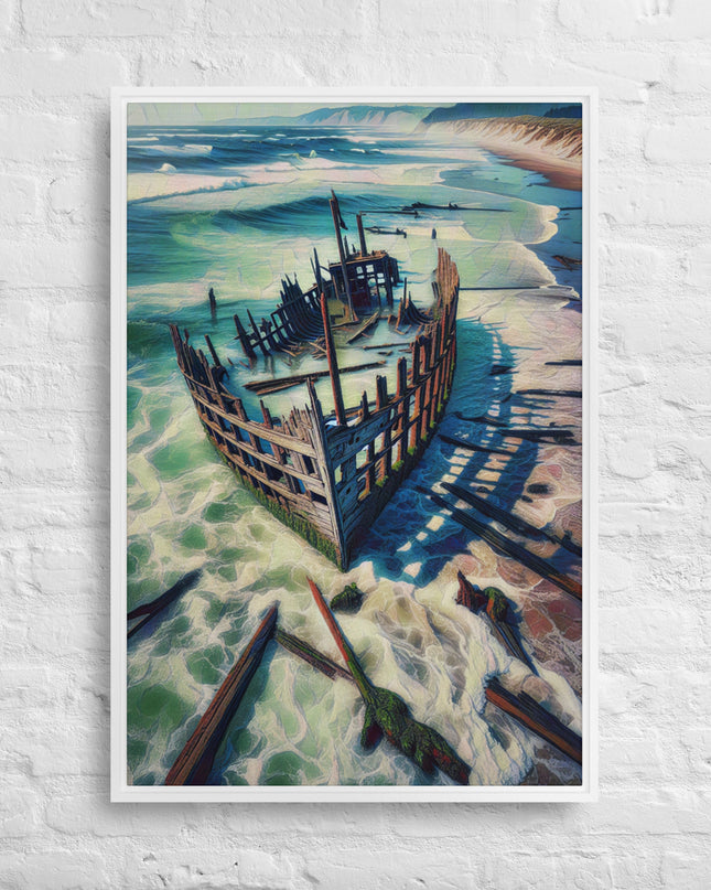 Ship Wreck on the Oregon Coast - Digital Art - Framed canvas - FREE SHIPPING