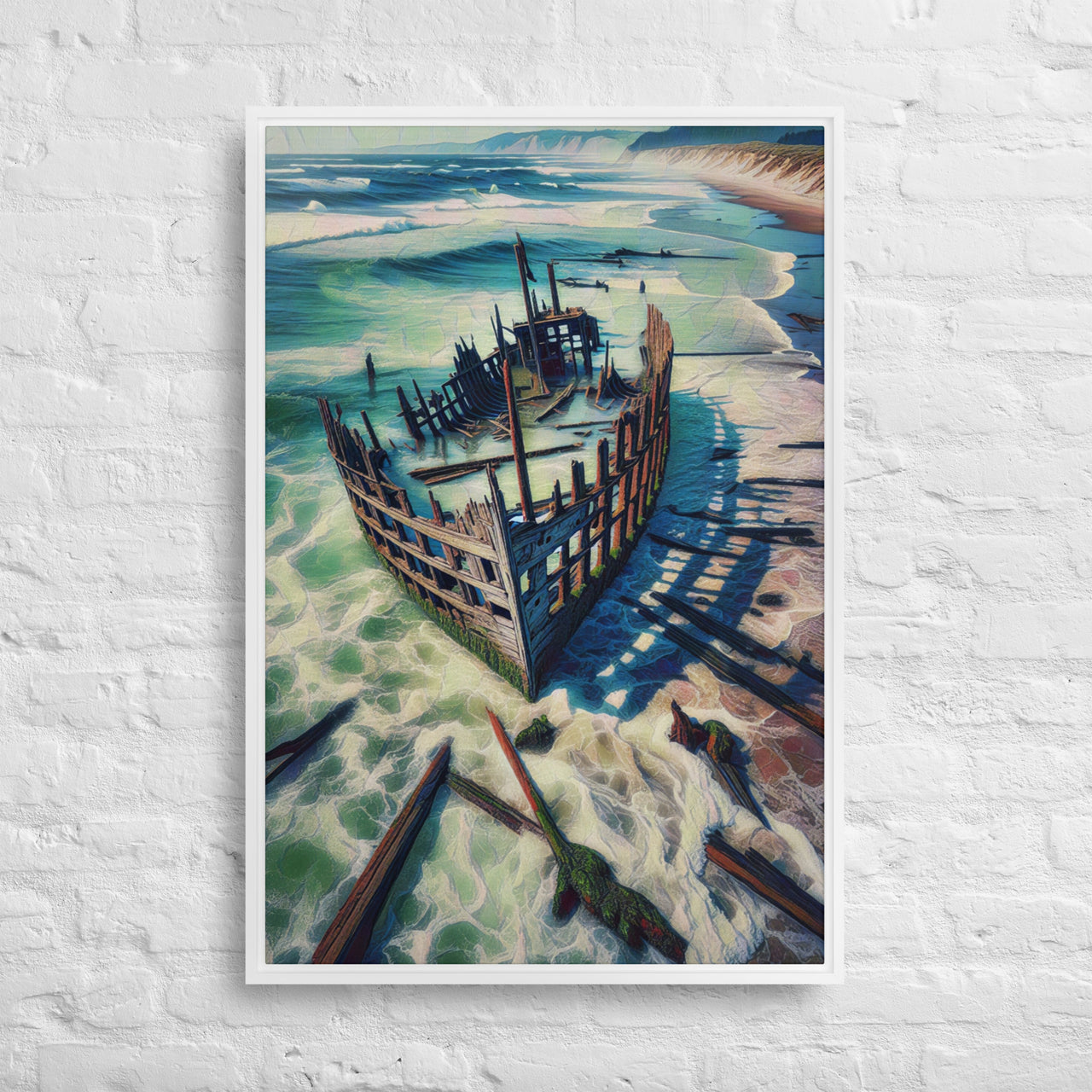 Ship Wreck on the Oregon Coast - Digital Art - Framed canvas - FREE SHIPPING