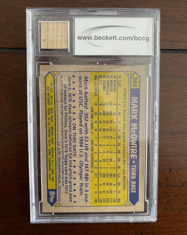 Mark McGwire - 1987 Topps #366 Game-Used Bat - BCCG Gem-Mint 10