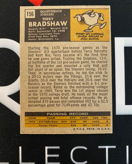 TERRY BRADSHAW - 1970 TOPPS ROOKIE CARD #156 RC HOF!