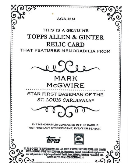 MARK McGWIRE St. Louis Cardinals 2021 Topps Allen & Ginter Game Used Relic Card