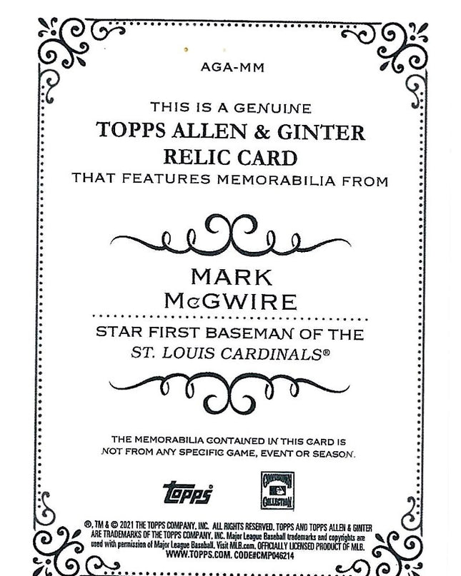MARK McGWIRE St. Louis Cardinals 2021 Topps Allen & Ginter Game Used Relic Card